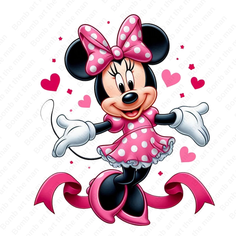 Puede incluir: Una ilustraci&oacute;n de dibujos animados de Minnie Mouse con un vestido rosa de lunares y un lazo rosa. Ella sonr&iacute;e y tiene los brazos extendidos. El fondo es blanco con corazones rosas y una cinta rosa.