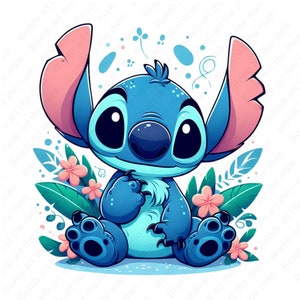 Stitch bloemen clipart, Stitch png, schattig stripfiguur, transparant ontwerp, instant download