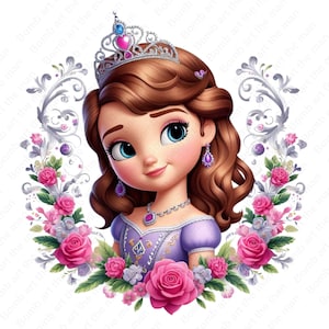 Könnte beinhalten: Eine Cartoon-Illustration einer jungen Prinzessin mit langen braunen Haaren, die eine silberne Krone mit rosa Juwelen, ein violettes Kleid und Ohrringe trägt. Sie ist von rosa und weißen Blumen umgeben.