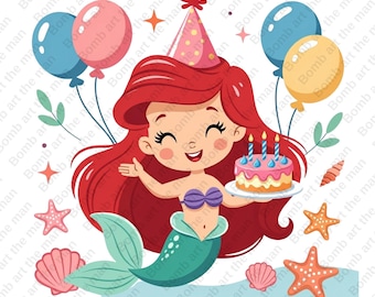 The Little Mermaid Birthday clipart, Princess Ariel Birthday design, transparent background, instant download