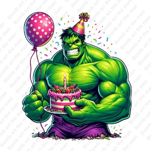 Può includere: Illustrazione digitale di Hulk che tiene in mano una torta di compleanno con una candela accesa. Indossa un cappello da festa e tiene in mano un palloncino rosa a pois. Coriandoli circondano il personaggio dalla pelle verde, che indossa pantaloni viola.
