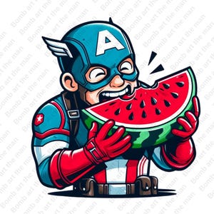 captain america funny clipart, captain america eating watermelon, summer clipart, funny hero png, instant download