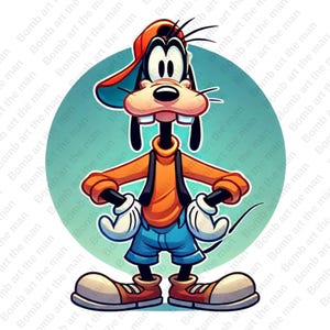 Könnte beinhalten: Cartoon-Illustration von Goofy, einer Disney-Figur, die mit ausgestreckten Armen steht. Er trägt ein orangefarbenes Hemd, blaue Shorts, eine rote Mütze und große braune Schuhe. Der Hintergrund ist ein türkisfarbener Kreis mit dem Text "Bomb art the man".