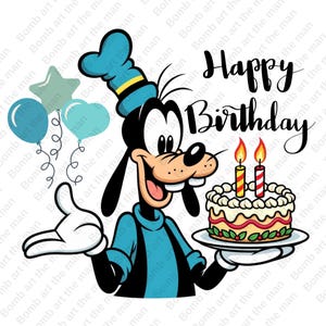 May include: A cartoon illustration of a character wearing a blue hat and outfit, holding a birthday cake with lit candles. The image includes blue balloons and the text "Happy Birthday" in a script font.