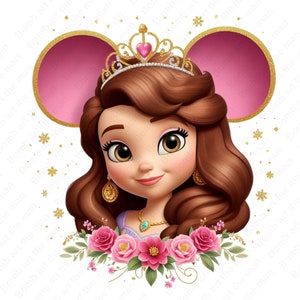 Puede incluir: Ilustración digital de una princesa de dibujos animados con cabello castaño, que lleva una tiara dorada con un corazón rosa. Tiene aretes dorados y un collar con una gema azul. Flores rosas y hojas verdes en la parte inferior, con círculos rosas y detalles de purpurina dorada.