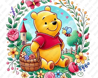 May include: A cartoon illustration of Winnie the Pooh, a yellow bear, holding a basket of flowers. He is sitting on a green hill with a red roofed house in the background. The image is surrounded by a wreath of flowers and leaves.
