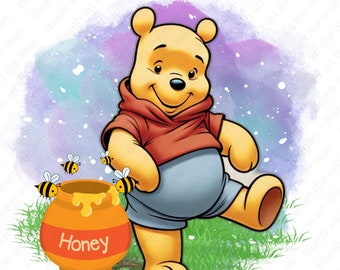 May include: Winnie the Pooh, a cartoon bear, stands with one leg raised, smiling. He is wearing a red shirt and blue shorts. He is standing next to a pot of honey with bees flying around it. The background is a watercolour wash of purple and blue.