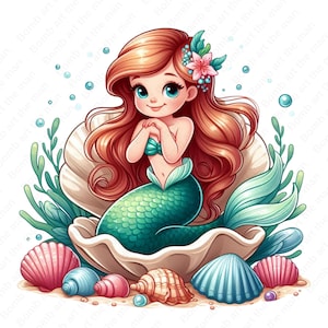 Little Mermaid clipart, Princess Ariel png, Little Mermaid in seashell clipart, instant download