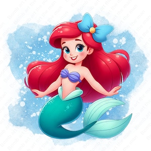linda sirenita clipart, princesa ariel png, la sirenita png, fondo de acuarela, descarga instantánea