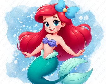 Pode incluir: Uma ilustração de desenho animado de Ariel, a Pequena Sereia, com cabelo comprido vermelho, um laço azul e uma cauda de sereia verde. Ela está sorrindo e usando um sutiã de concha azul claro. O fundo é uma aquarela azul claro com pontos brancos.