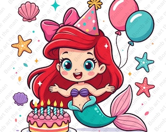 The Little Mermaid Birthday clipart, Princess Ariel Birthday design, transparent background, instant download