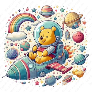winnie the pooh on space clipart, winnie the pooh png, cute cartoon clipart, transparent design, instant download