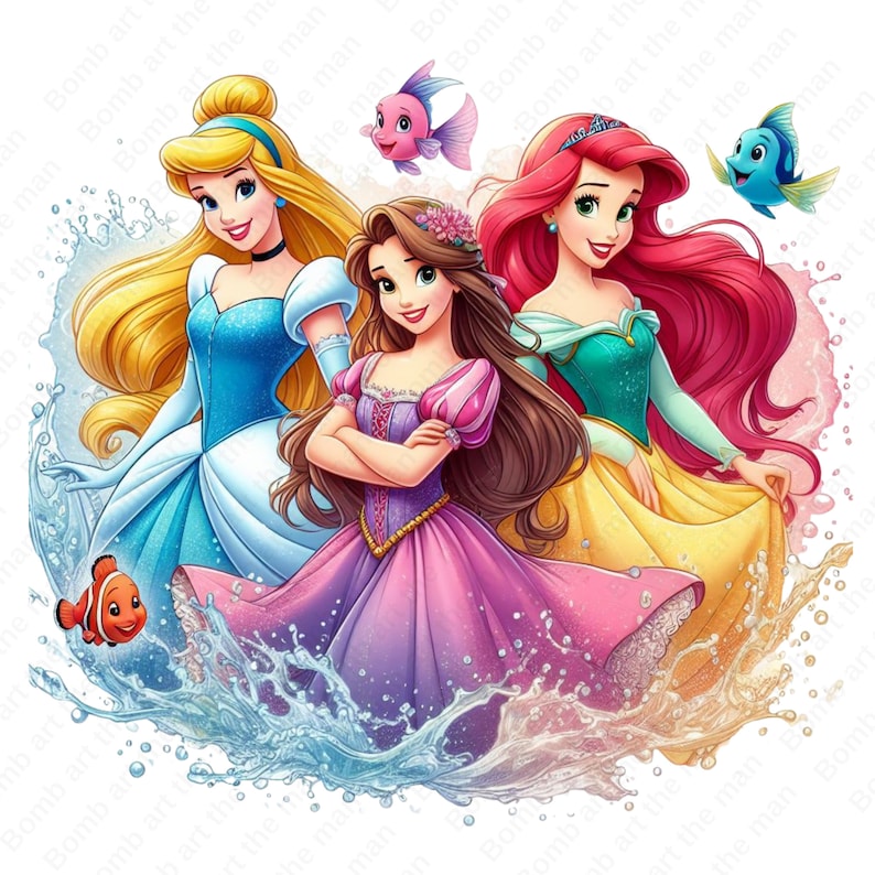 May include: Three Disney princesses, Cinderella, Ariel, and Rapunzel, stand together in a whimsical illustration. They are surrounded by water and sea creatures, including a clownfish, a blue fish, and a pink fish.