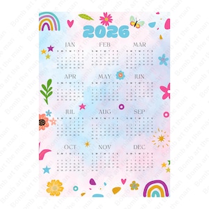 2026 Calendar, 2026 Printable calendar, Calendar png, instant download