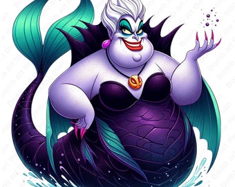 clipart di villain ursula, principessa ariel png, strega del mare png, design della sirenetta, download immediato