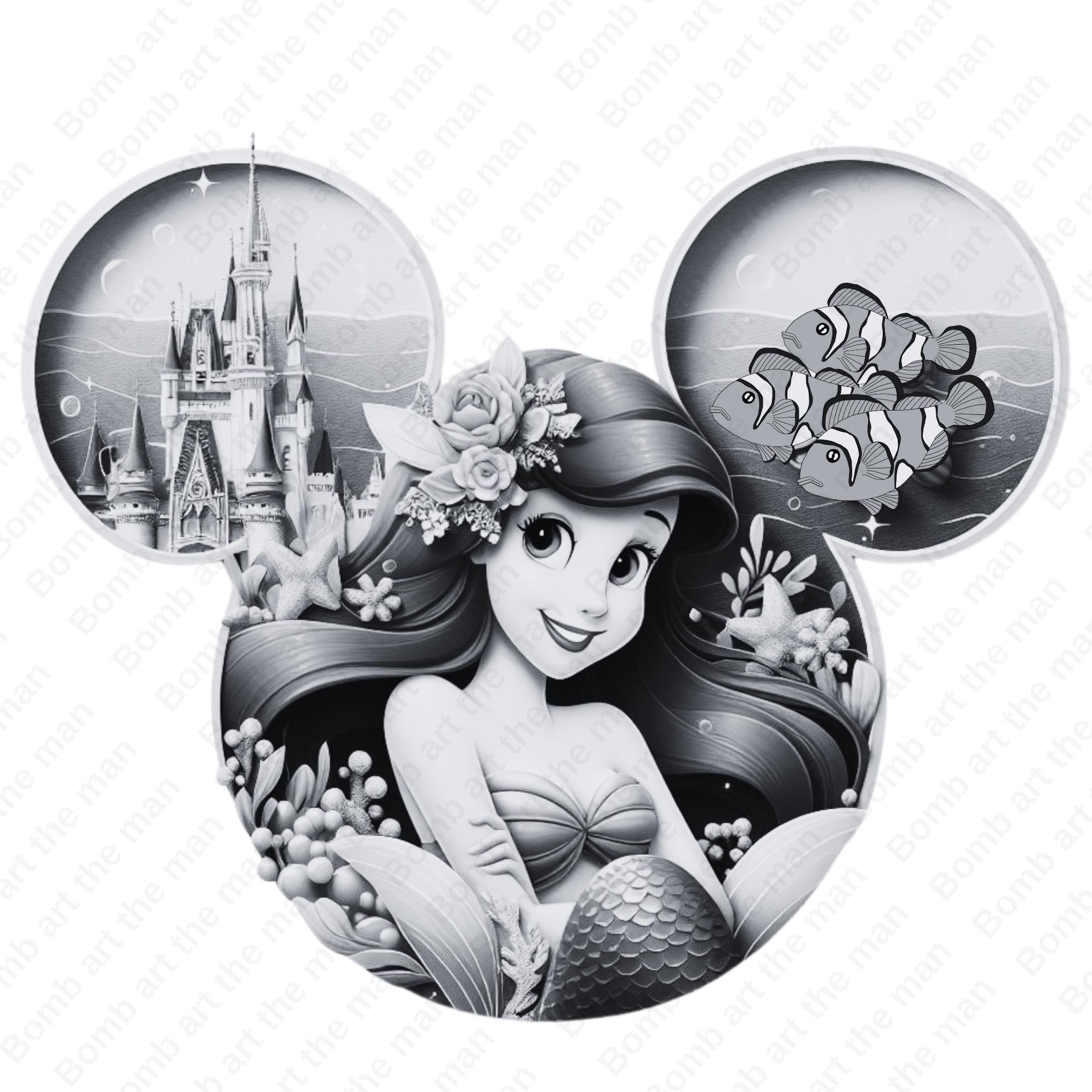 プリンセスアリエルのpng、リトルマーメイドのクリップアート、白黒