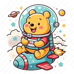 winnie the pooh on space clipart, winnie the pooh png, cute cartoon clipart, transparent design, instant download