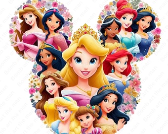 Princess clipart, cartoon princess png, all princess design, mouse ear design, instant download