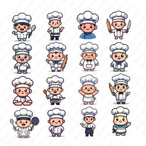 May include: Sixteen cartoon illustrations of chefs in white uniforms and toques. Some chefs hold cooking tools such as spoons, rolling pins, and knives. The chefs have different skin tones and expressions, all in a cute, cartoon style.