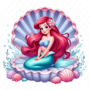 little mermaid clipart, princess ariel png, little mermaid in seashell clipart, instant download