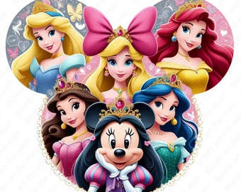 All princesses clipart, cartoon princess png, all princess design, mouse ear design, instant download