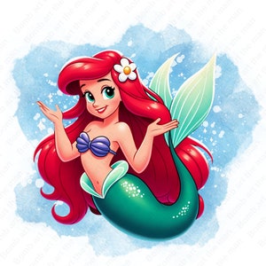 cute little mermaid clipart, princess ariel png, the little mermaid png, watercolor background, instant download