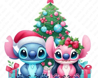 May include: A festive illustration featuring two cartoon characters, one blue and one pink, with a Christmas tree in the background. The blue character wears a Santa hat, while the pink one has a holly and bow. Presents are placed on either side of the characters.
