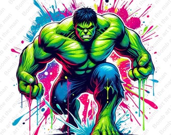 May include: An illustration of the Hulk character in a fighting pose, with his fists clenched. The background is a colourful splatter of paint.