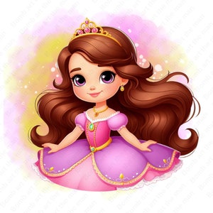 May include: A digital illustration of a princess with brown hair, wearing a pink and purple dress, a gold crown, and a necklace. The background has a watercolor effect with pink and yellow hues. The text "Bomb art the man" is repeated around the image.