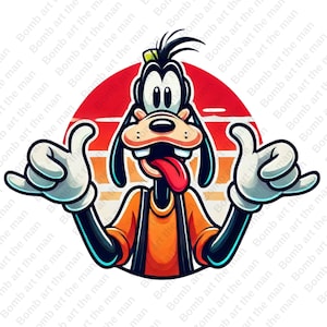 Op de afbeelding: Een cartoonillustratie van Goofy, een Disney-personage, met een rode, oranje en gele zonsondergang op de achtergrond. Goofy draagt een geel shirt, een blauwe overall en een rood bandana. Hij maakt een shaka-teken met beide handen.