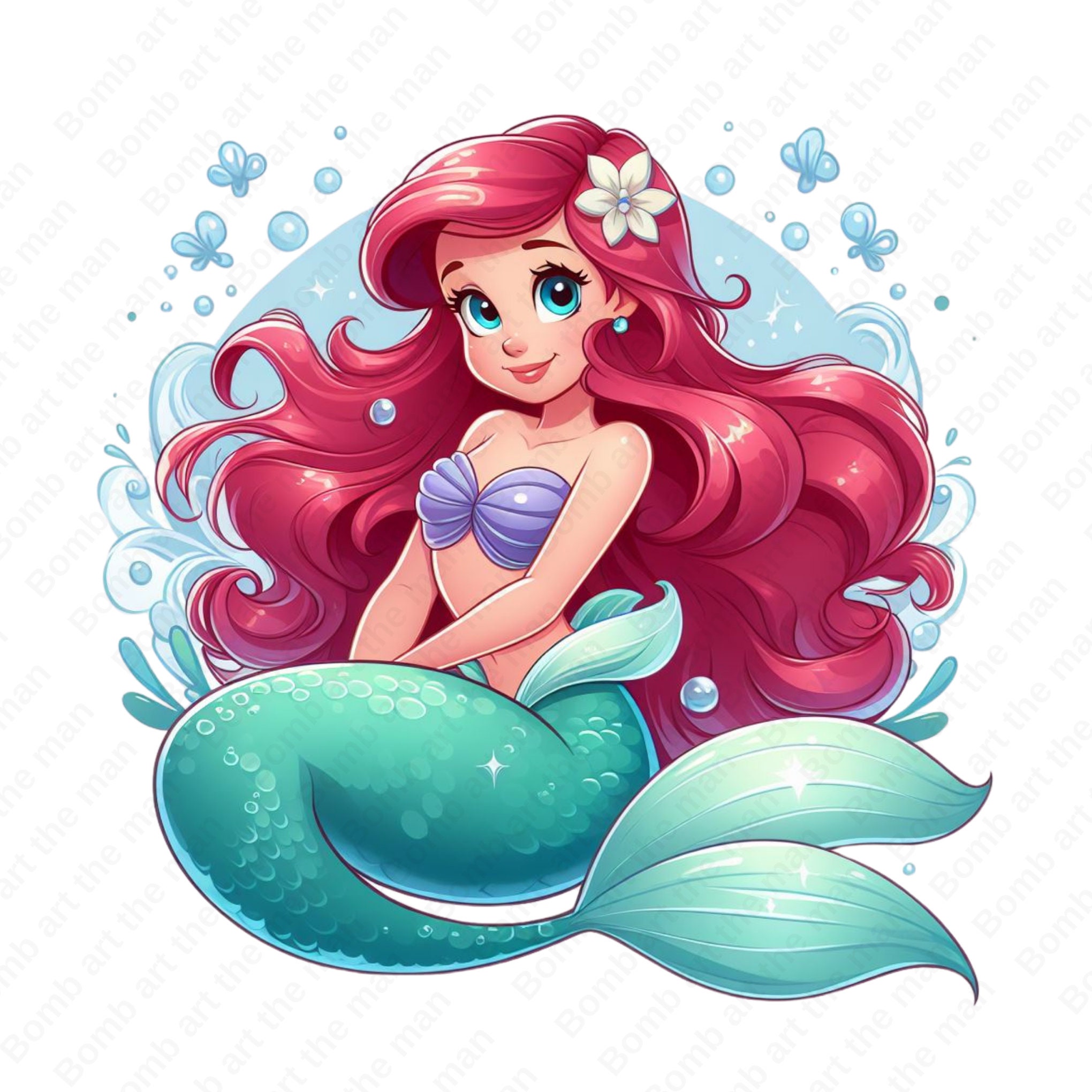 cute little mermaid clipart, princess ariel png, the little mermaid png, transparent design, instant download