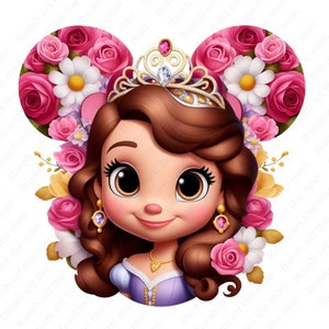 Puede incluir: Una ilustración de dibujos animados de una princesa con cabello castaño que lleva una corona dorada y un vestido morado. Está rodeada de flores rosas y blancas.