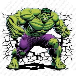 May include: A green and purple illustration of the Hulk, a fictional superhero, breaking through a cracked wall. He is flexing his muscles and has a determined expression on his face.