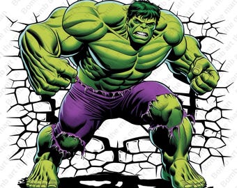 May include: An illustration of the Hulk, a fictional superhero, breaking through a cracked wall. He is green and purple, flexing his muscles and has a determined expression on his face.