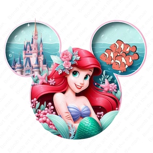 the little mermaid clipart, princess ariel png, mouse ear design, instant download