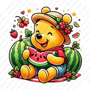 winnie the pooh funny clipart, winnie the pooh eating watermelon, cute summer clipart, instant download
