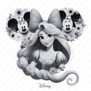princess rapunzel clipart, tangled png, princess rapunzel png, black and white design, instant download