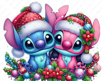 Pode incluir: Ilustração digital de duas personagens de desenhos animados, uma azul e outra rosa, usando gorros de Papai Noel. Elas estão rodeadas por enfeites de Natal, poinsétias vermelhas e azevinho. A imagem tem um tema festivo e de feriado.