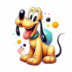 Puede incluir: Una ilustración de dibujos animados de Pluto, un perro amarillo con orejas negras y una cola larga, sentado sobre un fondo colorido con salpicaduras de acuarela. Pluto sonríe con la lengua fuera.