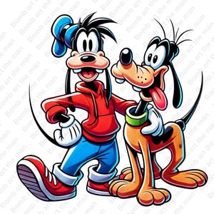 Peut inclure: Une illustration de dessin animé d'un chien au look loufoque portant un sweat-shirt rouge, un jean bleu et un chapeau bleu, et d'un chien brun et jaune avec un collier vert. Les chiens sourient et regardent le spectateur.