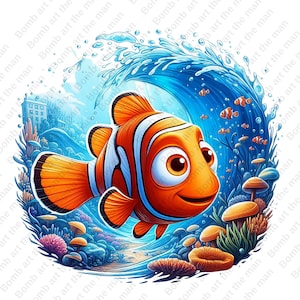 May include: A vibrant cartoon illustration of a clownfish with orange and white stripes, set against a backdrop of a blue ocean wave. The image includes coral, other fish, and a building, creating a lively underwater scene.
