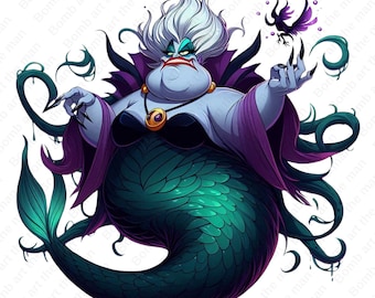 Clipart della cattiva Ursula, png della strega del mare, png della principessa Ariel, design della Sirenetta, download immediato