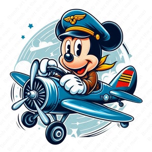May include: Mickey Mouse, wearing a blue pilot's hat and a yellow scarf, flies a blue and white airplane with a red and yellow star on the wing. The airplane is flying through a blue sky with white clouds.