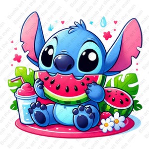 stitch funny clipart, stitch eating watermelon, summer clipart, cute stitch png, instant download