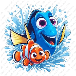 Puede incluir: Un pez azul y amarillo con una gran sonrisa nada a través de un chorro de agua con un pez más pequeño naranja y blanco.