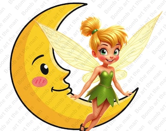 Tinkerbell png, Tinkerbell on the moon clipart, cute fairy clipart, transparent design