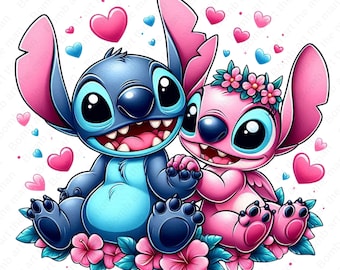 May include: A blue and pink cartoon Stitch and Angel couple holding hands with a floral background and pink hearts.