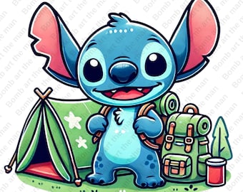 Imágenes prediseñadas de Stitch para acampar, imágenes prediseñadas de Stitch lindas, imágenes prediseñadas de camping, diseño transparente, descarga instantánea