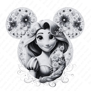 princess rapunzel clipart, tangled png, princess rapunzel png, black and white design, instant download