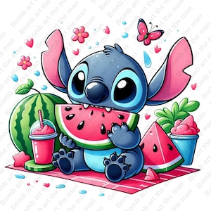 stitch funny clipart, stitch eating watermelon, summer clipart, cute stitch png, instant download